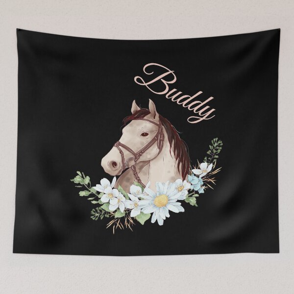 Item preview, Portrait of a White & Grey Horse Buddy written in Caligraphy with Flowers Frame designed and sold by Xeuno.