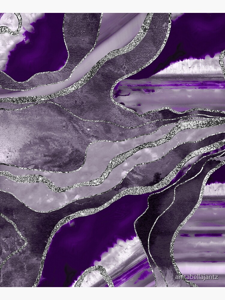 Dark Violet Marble Agate Silver Glitter Glam #1 (Faux Glitter) #decor #art by anitabellajantz