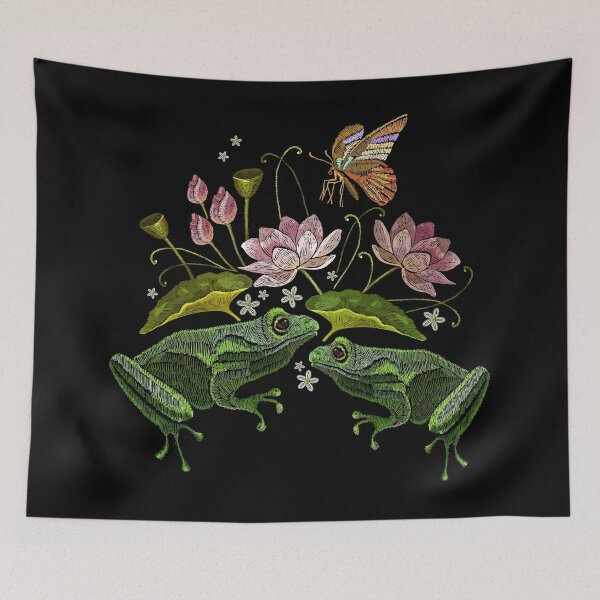 Item preview, Embroidery Frogs Butterfly Lotus Flowers designed and sold by Caroodoo.