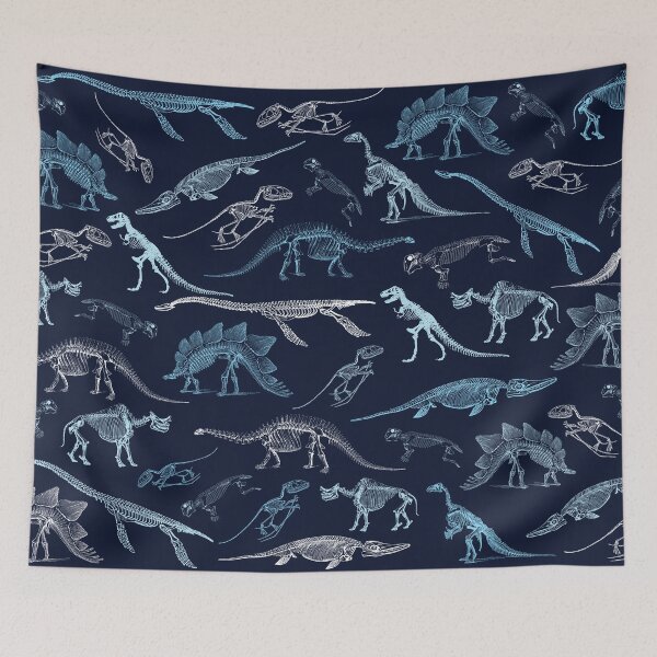 Item preview, Colorful dark blue dinosaur skeleton fossils pattern designed and sold by CynthiaGraphics.