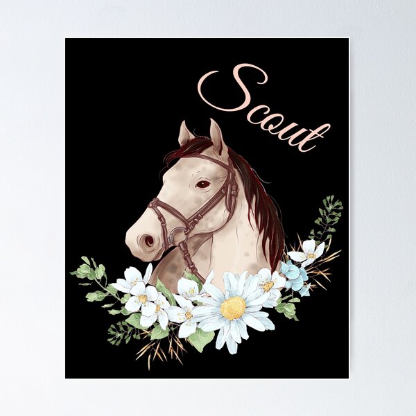 Item preview, Portrait of a White & Grey Horse Scout written in Caligraphy with Flowers Frame designed and sold by Xeuno.