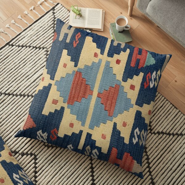 Ushak Kilim Diamond Pattern , Weave, Woven Aztec Textile, Blue and Red, Navajo Floor Pillow