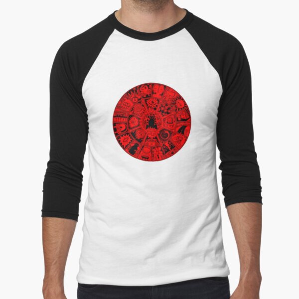 Cat Mandala in Red and Black Baseball ¾ Sleeve T-Shirt