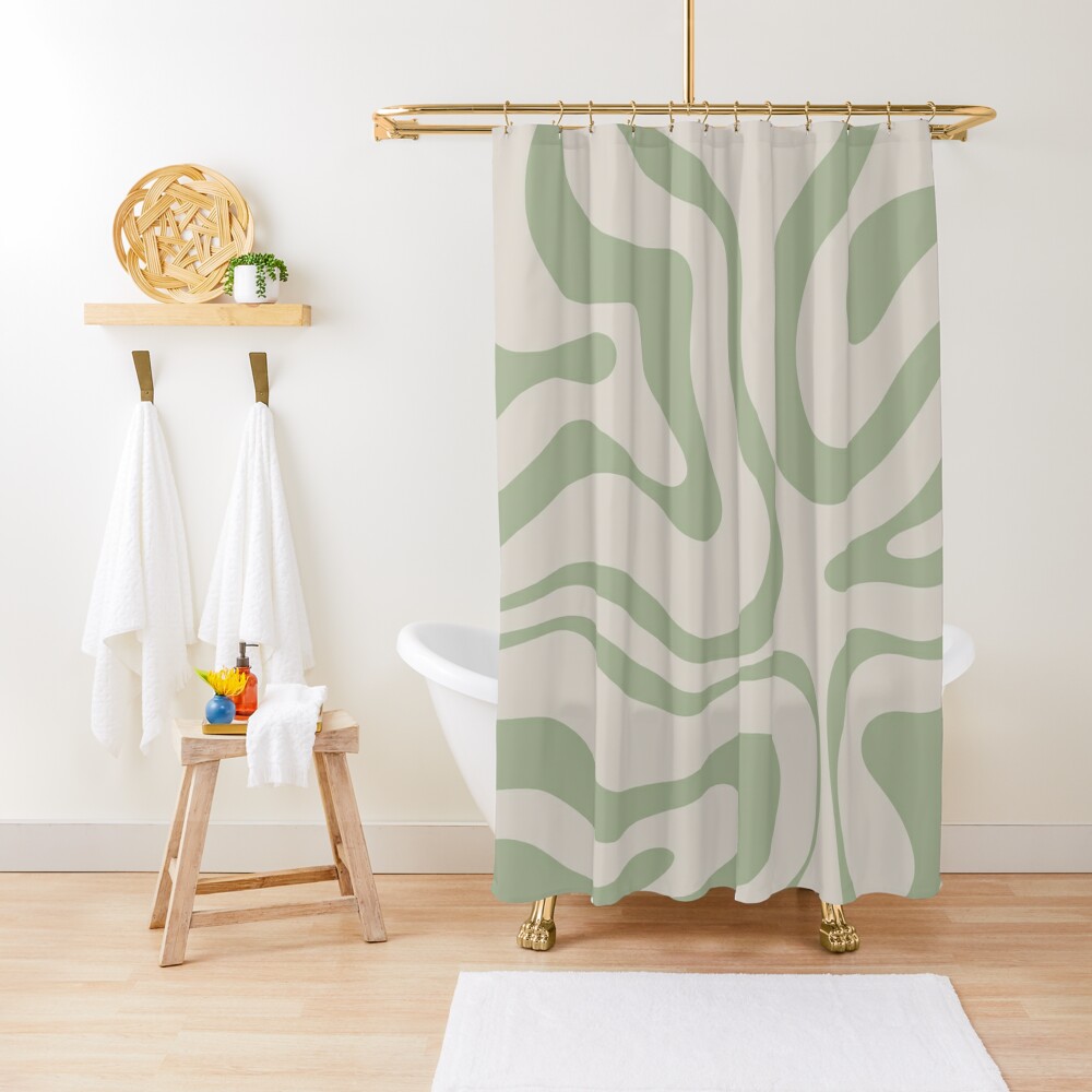 Liquid Swirl Abstract Pattern in Beige and Sage Green Shower Curtain
