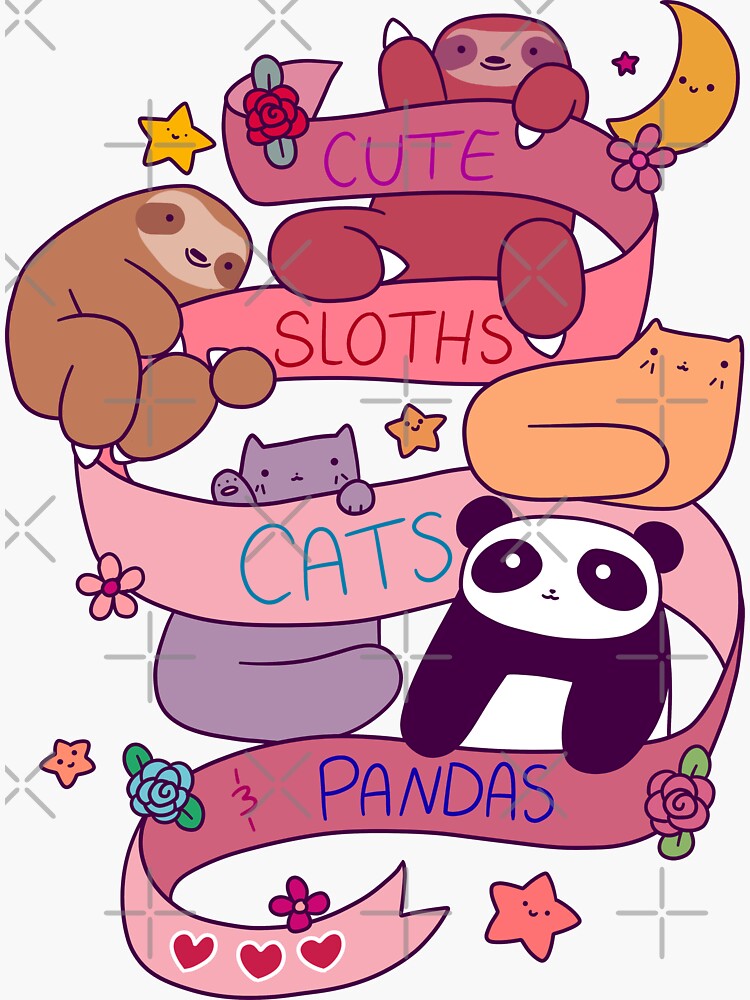 Cute Sloths Cats And Pandas Sticker By Saradaboru Redbubble 