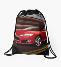 Red Tesla Model S red luxury electric car speeding in a tunnel art photo print Drawstring Bag