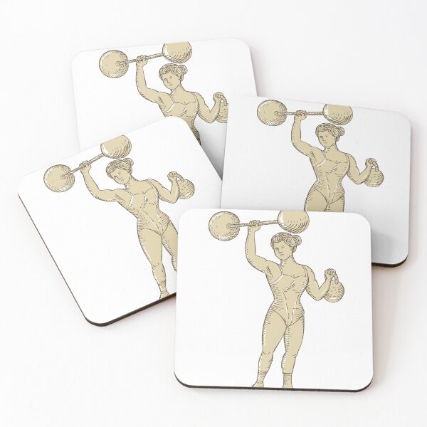 Item preview, Vintage Circus Strongwoman Female or Lady Strongman Lifting Barbell on One Hand and Kettlebell in Etching Engraving Style  designed and sold by patrimonio.
