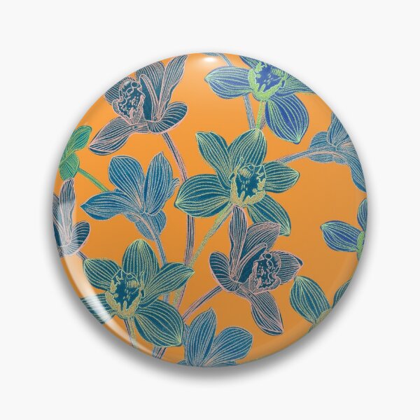 Item preview, tropical pattern with yellow and green and blue exotic foliage with acid orchids on orange background designed and sold by ANAKOTO.