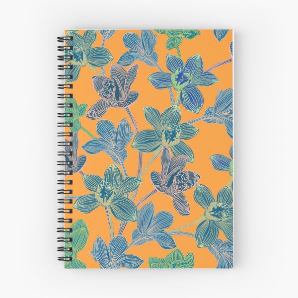 Item preview, tropical pattern with yellow and green and blue exotic foliage with acid orchids on orange background designed and sold by ANAKOTO.