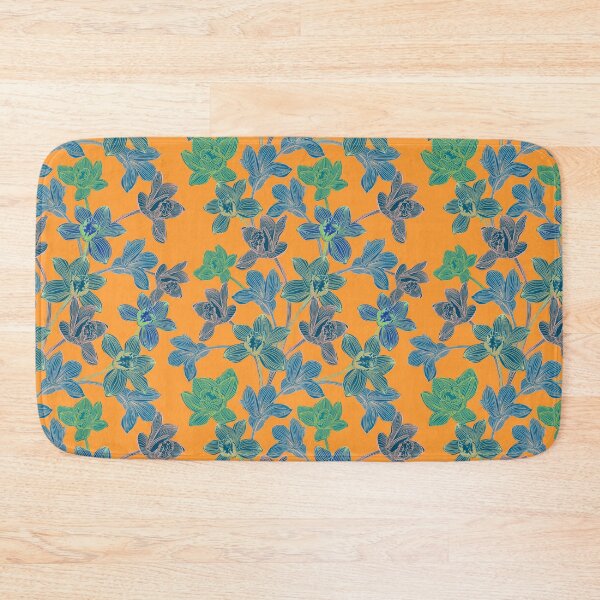 Item preview, tropical pattern with yellow and green and blue exotic foliage with acid orchids on orange background designed and sold by ANAKOTO.
