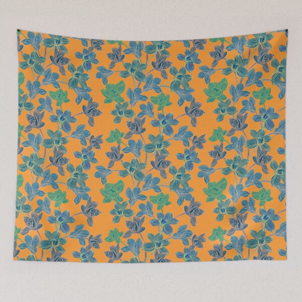 Item preview, tropical pattern with yellow and green and blue exotic foliage with acid orchids on orange background designed and sold by ANAKOTO.