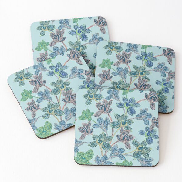Item preview, tropical pattern with yellow and green and blue exotic foliage with acid orchids on turquoise background designed and sold by ANAKOTO.