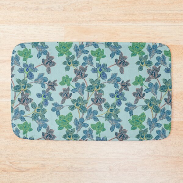 Item preview, tropical pattern with yellow and green and blue exotic foliage with acid orchids on turquoise background designed and sold by ANAKOTO.