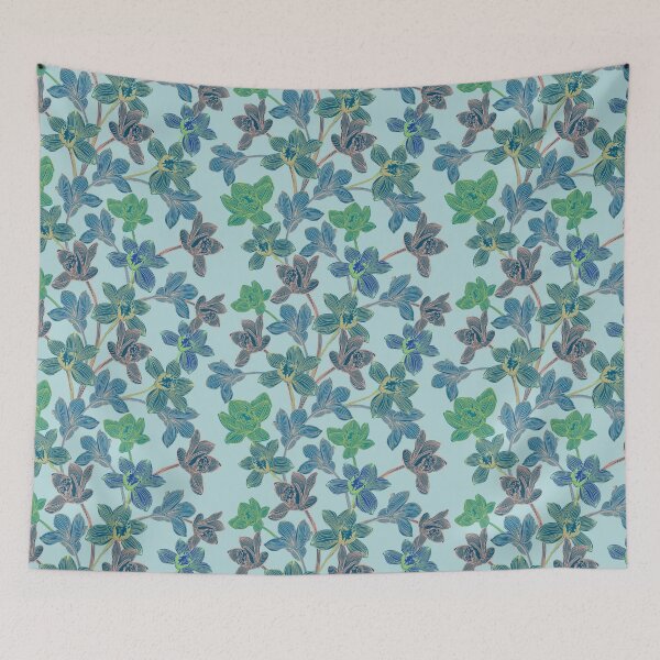 Item preview, tropical pattern with yellow and green and blue exotic foliage with acid orchids on turquoise background designed and sold by ANAKOTO.