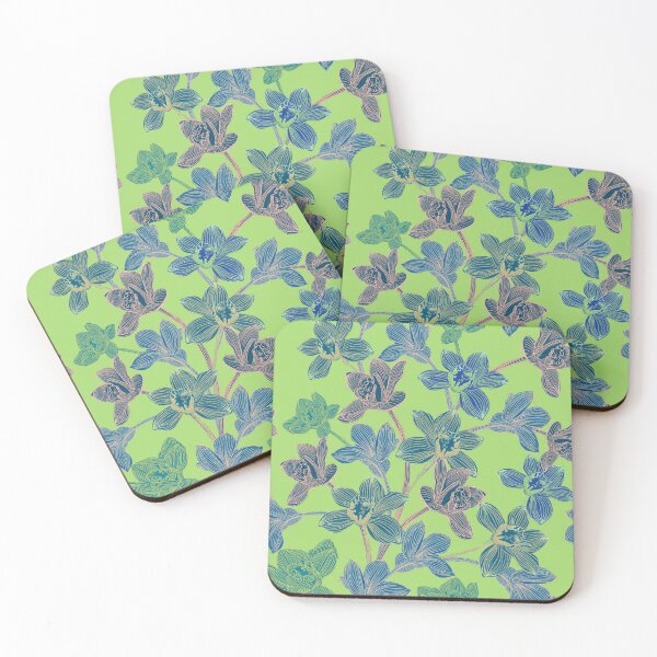 Item preview, tropical pattern with yellow and green and blue exotic foliage with acid orchids on green background designed and sold by ANAKOTO.