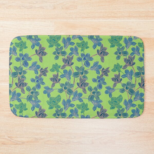 Item preview, tropical pattern with yellow and green and blue exotic foliage with acid orchids on green background designed and sold by ANAKOTO.