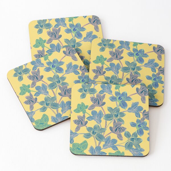 Item preview, tropical pattern with yellow and green and blue exotic foliage with acid orchids on yellow background designed and sold by ANAKOTO.