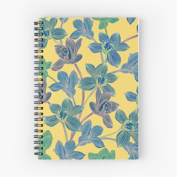 Item preview, tropical pattern with yellow and green and blue exotic foliage with acid orchids on yellow background designed and sold by ANAKOTO.