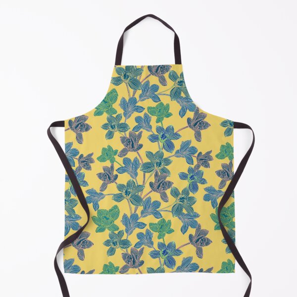 Item preview, tropical pattern with yellow and green and blue exotic foliage with acid orchids on yellow background designed and sold by ANAKOTO.