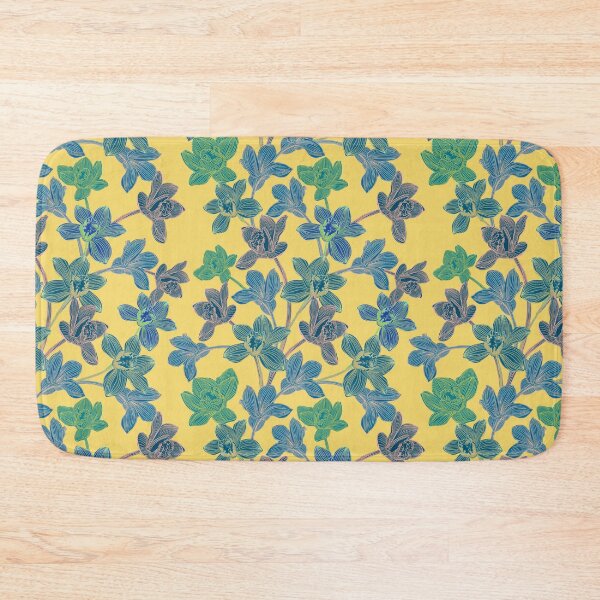 Item preview, tropical pattern with yellow and green and blue exotic foliage with acid orchids on yellow background designed and sold by ANAKOTO.