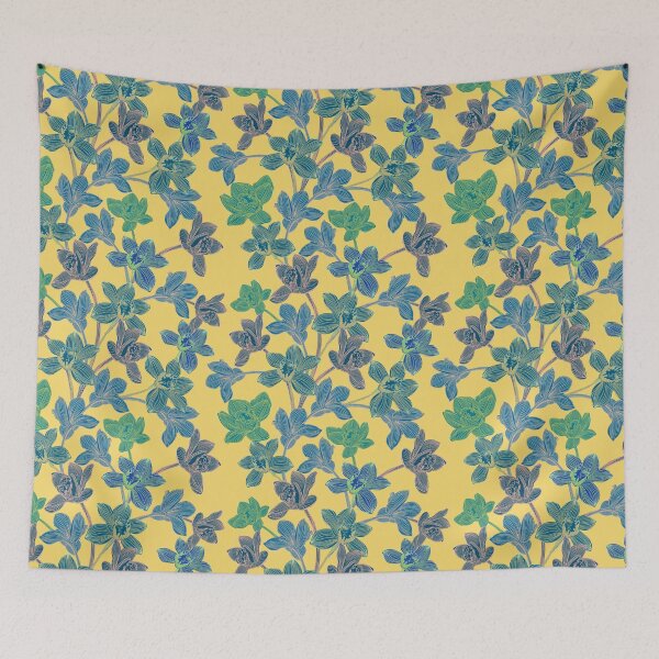 Item preview, tropical pattern with yellow and green and blue exotic foliage with acid orchids on yellow background designed and sold by ANAKOTO.