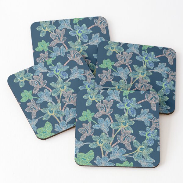 Item preview,  tropical pattern with yellow and green and blue exotic foliage with acid orchids on blue background designed and sold by ANAKOTO.