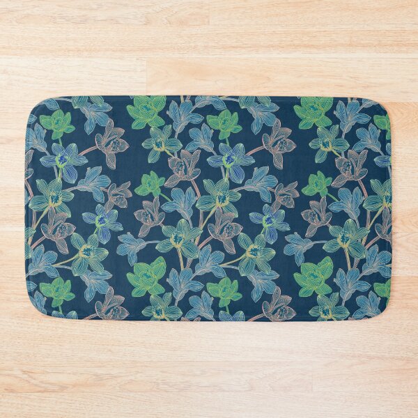 Item preview,  tropical pattern with yellow and green and blue exotic foliage with acid orchids on blue background designed and sold by ANAKOTO.