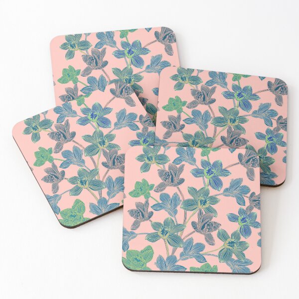 Item preview,  tropical pattern with yellow and green and blue exotic foliage with acid orchids on pink background designed and sold by ANAKOTO.