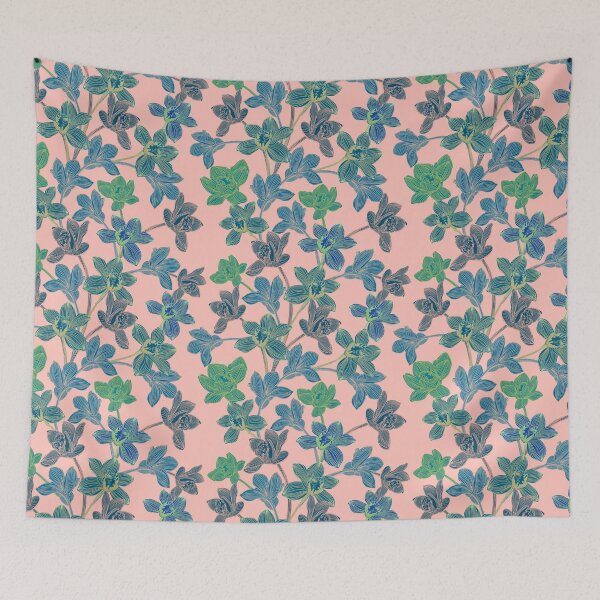 Item preview,  tropical pattern with yellow and green and blue exotic foliage with acid orchids on pink background designed and sold by ANAKOTO.