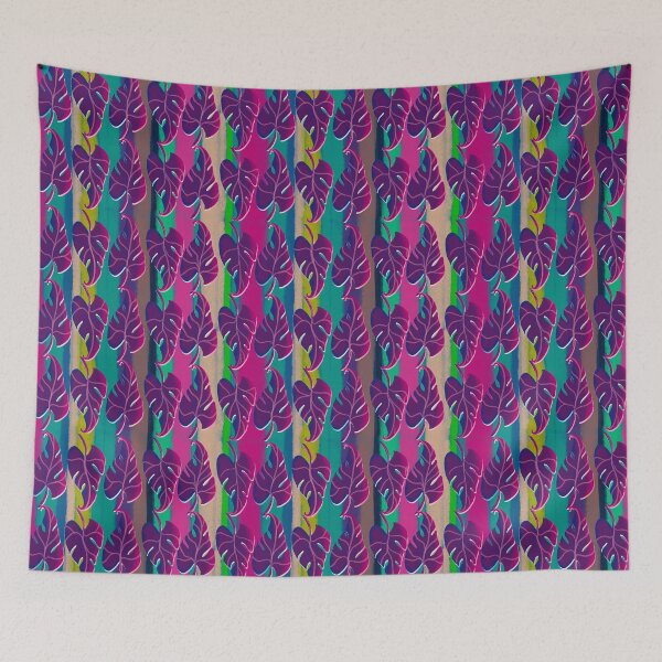 Item preview, Moody tropical leaves with a colourful striped background designed and sold by sueshorman.