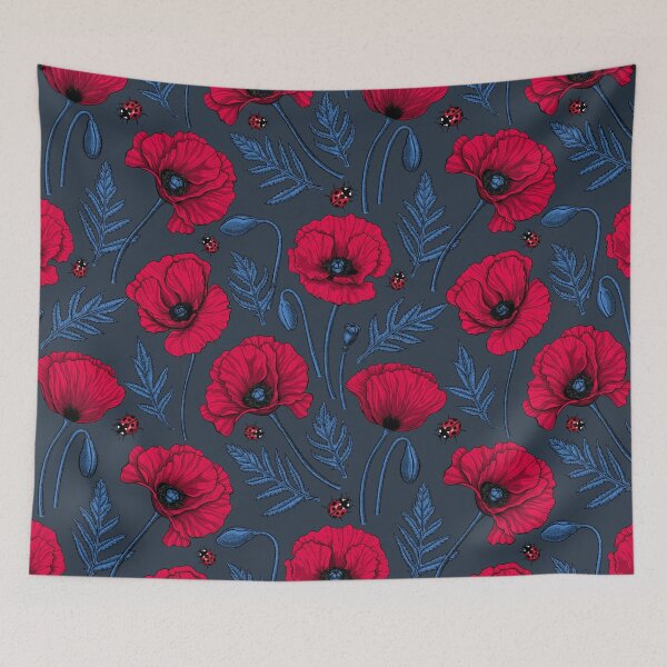 Item preview, Red poppies and ladybugs on dark blue designed and sold by Katerina Mitkova Kirilova.