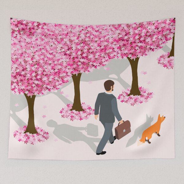 Aperçu de l'œuvre Illustration vectorielle d'un homme d'affaires isométrique et d'un renard marchant seul dans une allée de fleurs de cerisier créée et vendue par Familyshmot.
