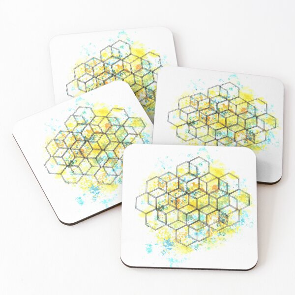 Item preview, Geometric cube hexagons spray paint Splatter yellow green designed and sold by SilverSquirrels.