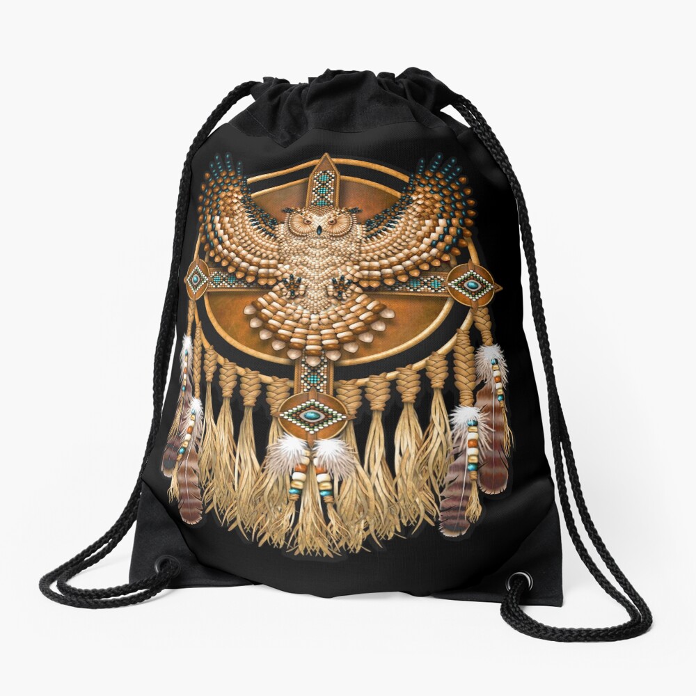 Native American Beadwork Owl Mandala Drawstring Bag