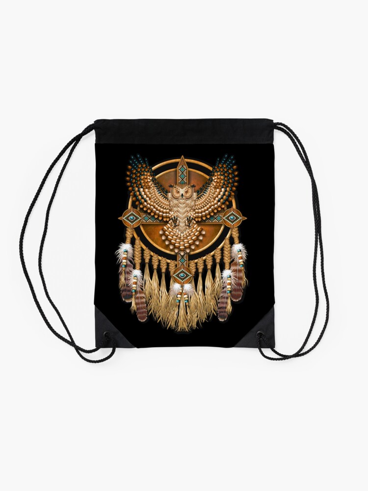 Alternate view of Native American Beadwork Owl Mandala Drawstring Bag
