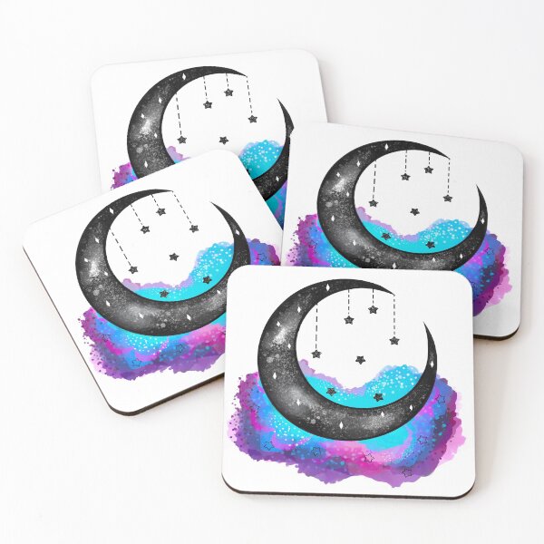 Item preview, Purple and Teal Watercolor Moon Crescent with stars designed and sold by GirlClanCo.