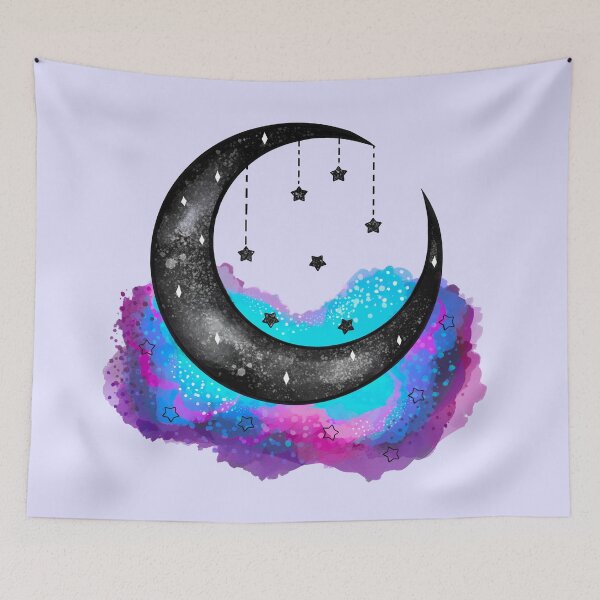 Item preview, Purple and Teal Watercolor Moon Crescent with stars designed and sold by GirlClanCo.