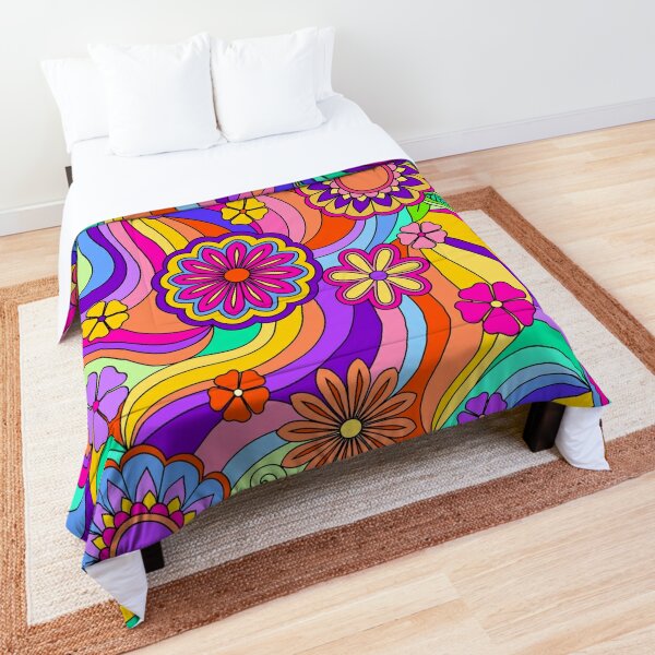 Retro Floral Duvet Cover King Size,Vintage Pastel Doodle Flower