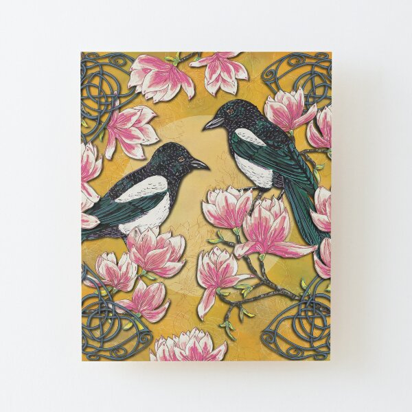 Celtic Magpies & Magnolias Wood Mounted Print