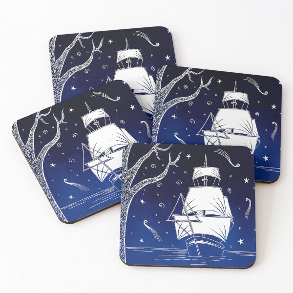 Item preview, Adventure Awaits Enchanted Ship Linocut in Blue designed and sold by Maddy Bennett.