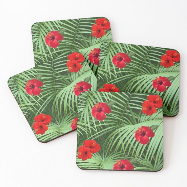 Item preview,  Exotic Hawaii Tropical Red Hibiscus Flowers, Green Palm Leaves Pattern designed and sold by silviaol.