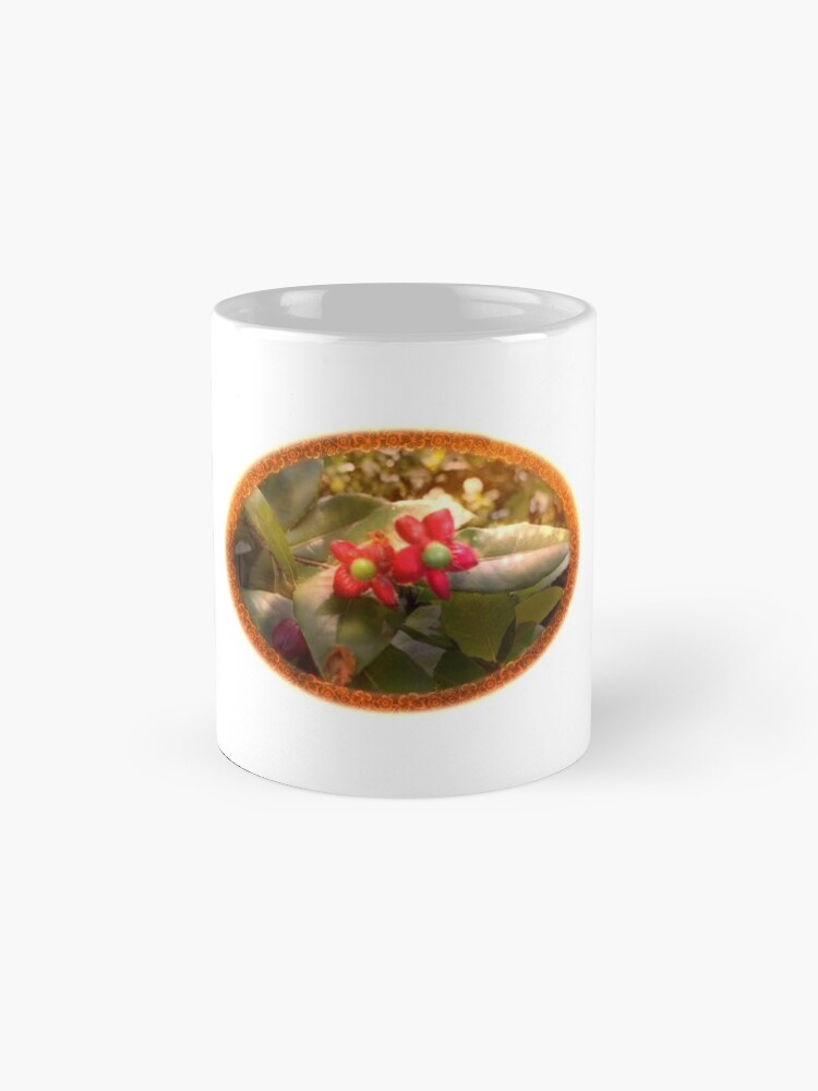 Thumbnail 4 of 6, Coffee Mug, Twin Red Ochna Serrulata Flowers with Golden Brown Framing designed and sold by AheraRoses.