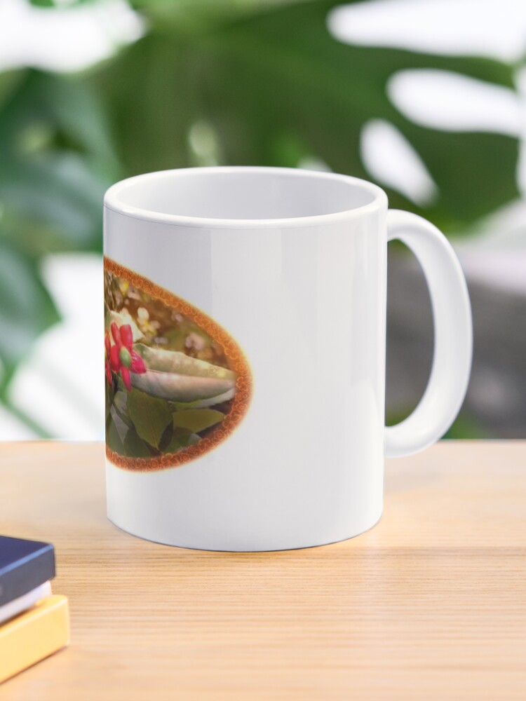 Thumbnail 1 of 6, Coffee Mug, Twin Red Ochna Serrulata Flowers with Golden Brown Framing designed and sold by AheraRoses.