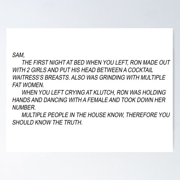 Artikel-Vorschau von Jersey Shore – Anonyme Nachricht von Snooki an Sam, designt und verkauft von Claire Dougherty.