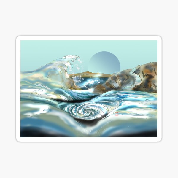 Item preview, Japanese wave and whirlpool rapids with a blue moon designed and sold by CuisineCat.
