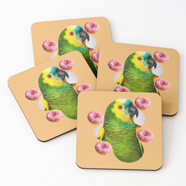 Item preview, green parrot with pink donuts  designed and sold by unepommedeterre.