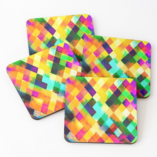 Item preview, geometric square pixel pattern abstract background in yellow blue green pink orange designed and sold by Mrvell.