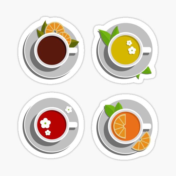 "Cup of tea sticker pack. Different types of tea in cups black, green, hibiscus, tea with lemon