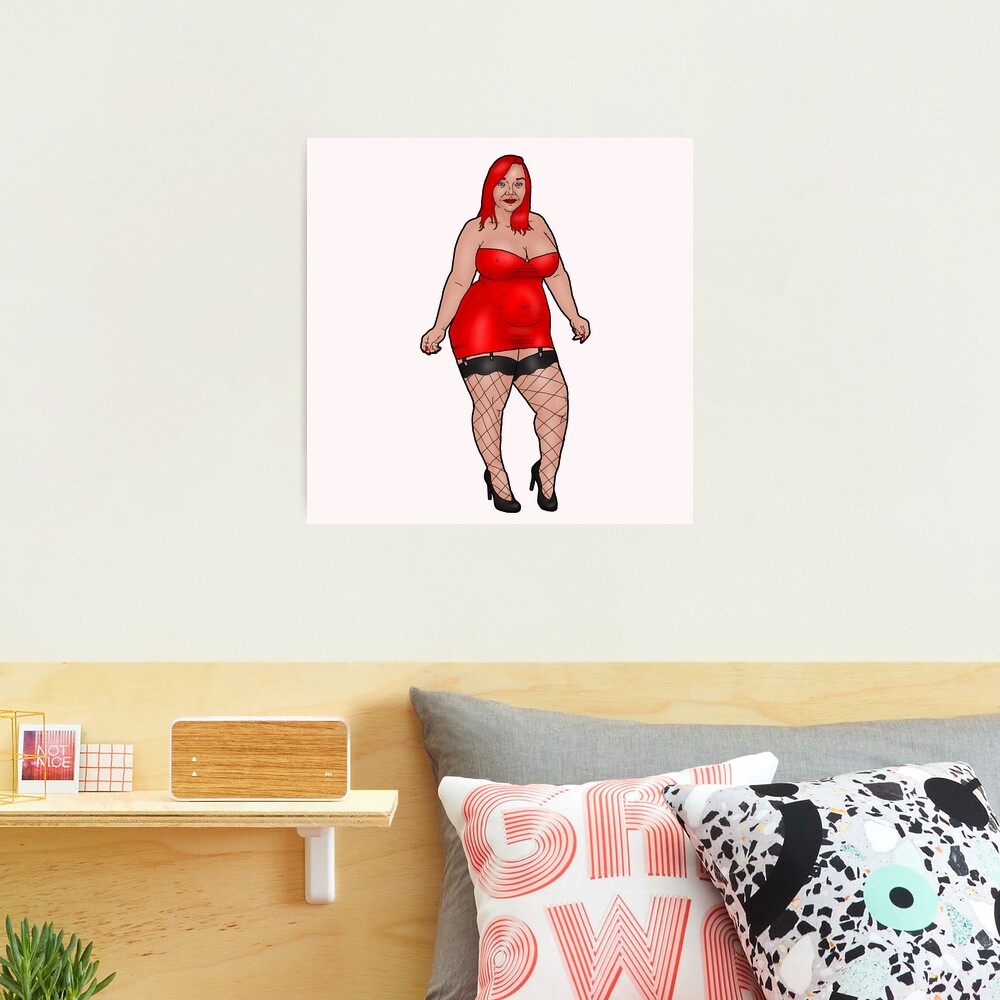 Pin-up red-haired BBW in a red dress | Photographic Print