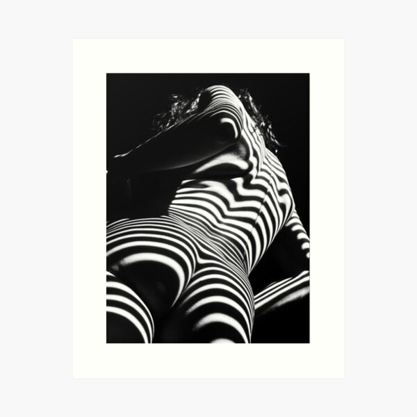 Woman Nude Zebra Striped Light Curves around Back Butt Behind Naked Art Art Print